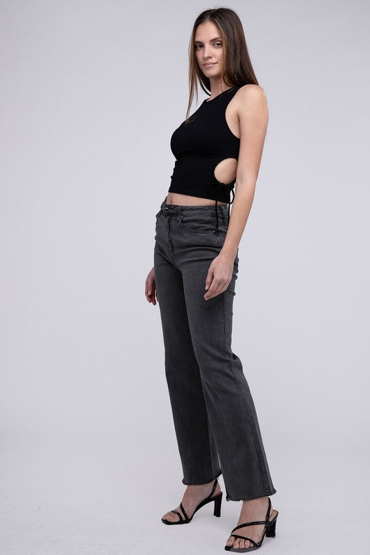 Amie Acid Washed Frayed Hem Straight Wide Pants