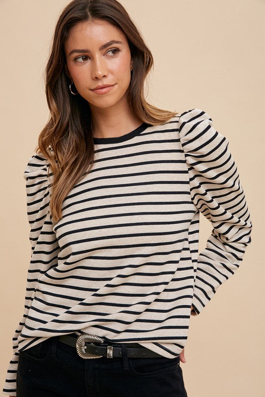 Annie Wear Striped Puff Sleeve French Terry Top