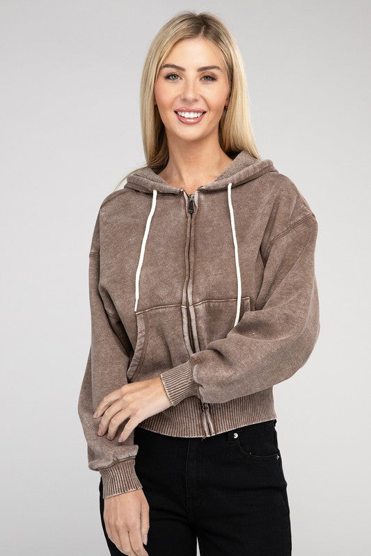 Zenana Acid Wash Cropped Zip-Up Hoodie