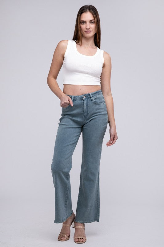 Amie Acid Washed Frayed Hem Straight Wide Pants