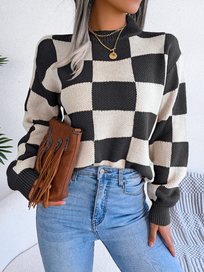 Checkered Mock Neck Sweater