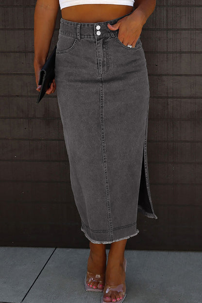 Raw Hem Slit Midi Denim Skirt