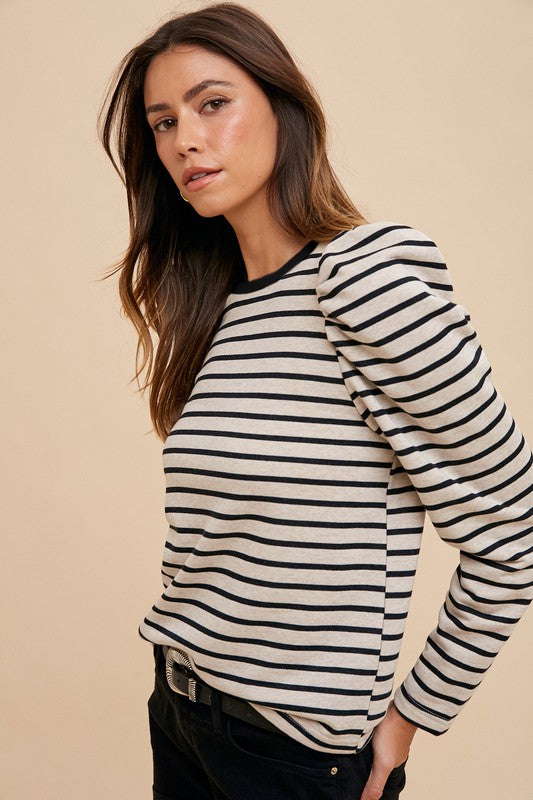 Annie Wear Striped Puff Sleeve French Terry Top