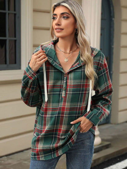 Drawstring Plaid Hooded Top