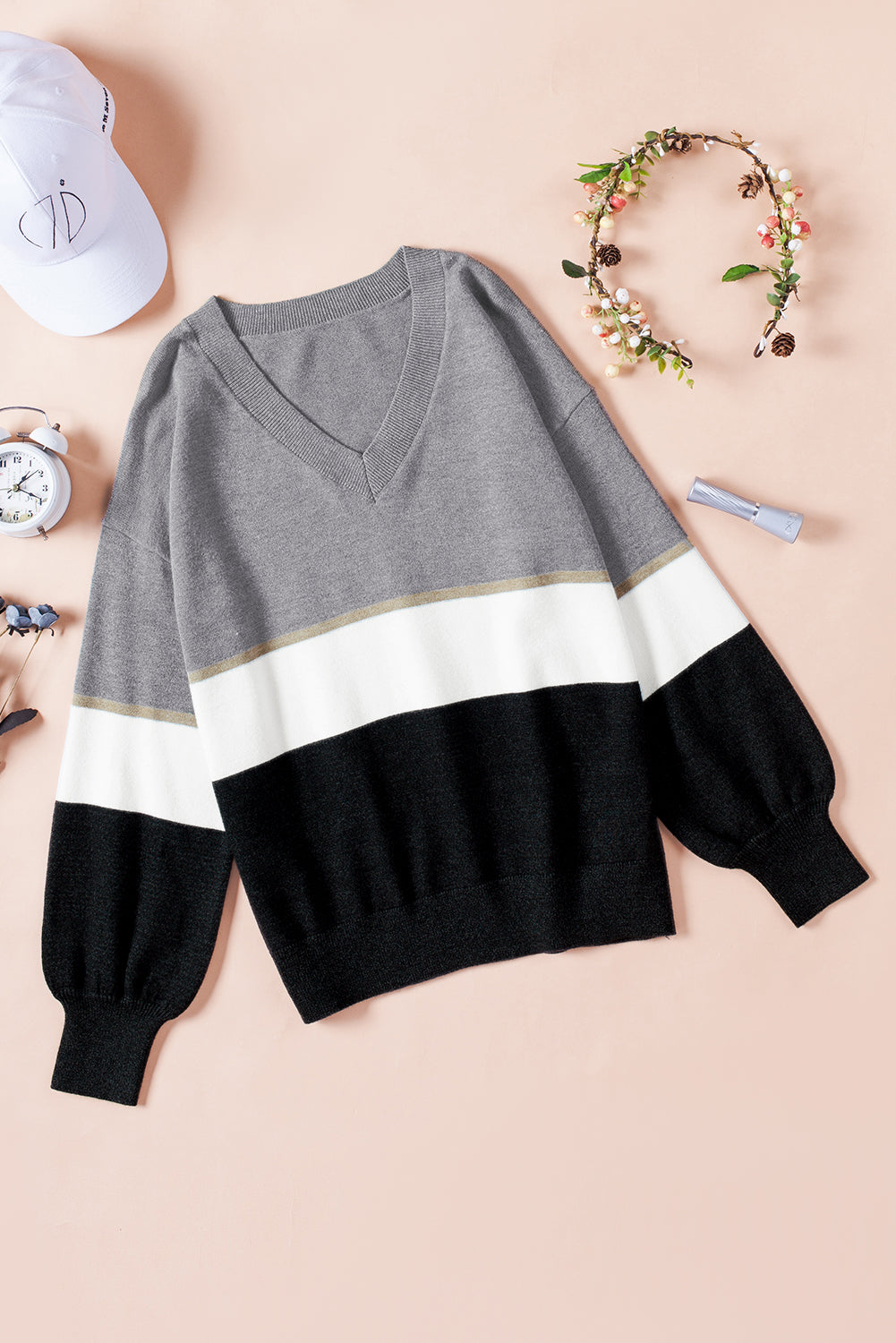 Color Block V Neck Sweater