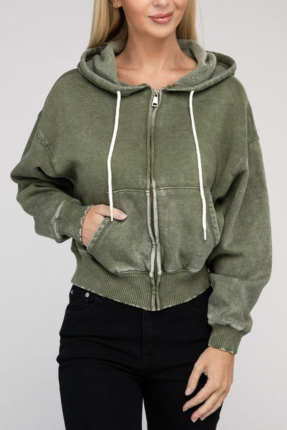 Zenana Acid Wash Cropped Zip-Up Hoodie