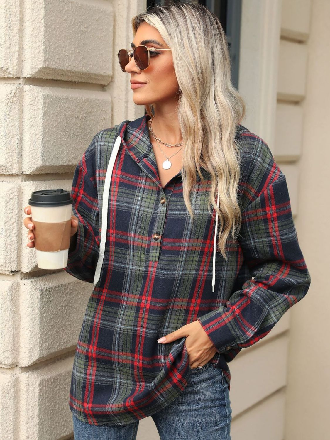 Drawstring Plaid Hooded Top