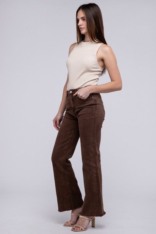 Amie Acid Washed Frayed Hem Straight Wide Pants