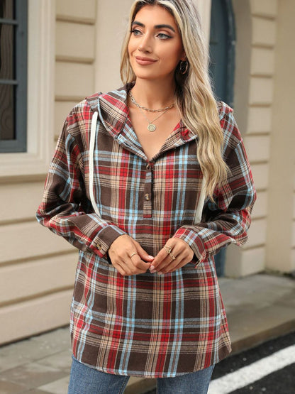 Drawstring Plaid Hooded Top