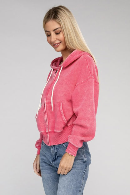 Zenana Acid Wash Cropped Zip-Up Hoodie