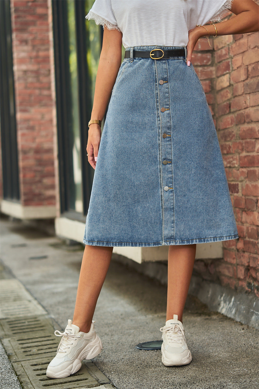 Button A-Line Denim Skirt