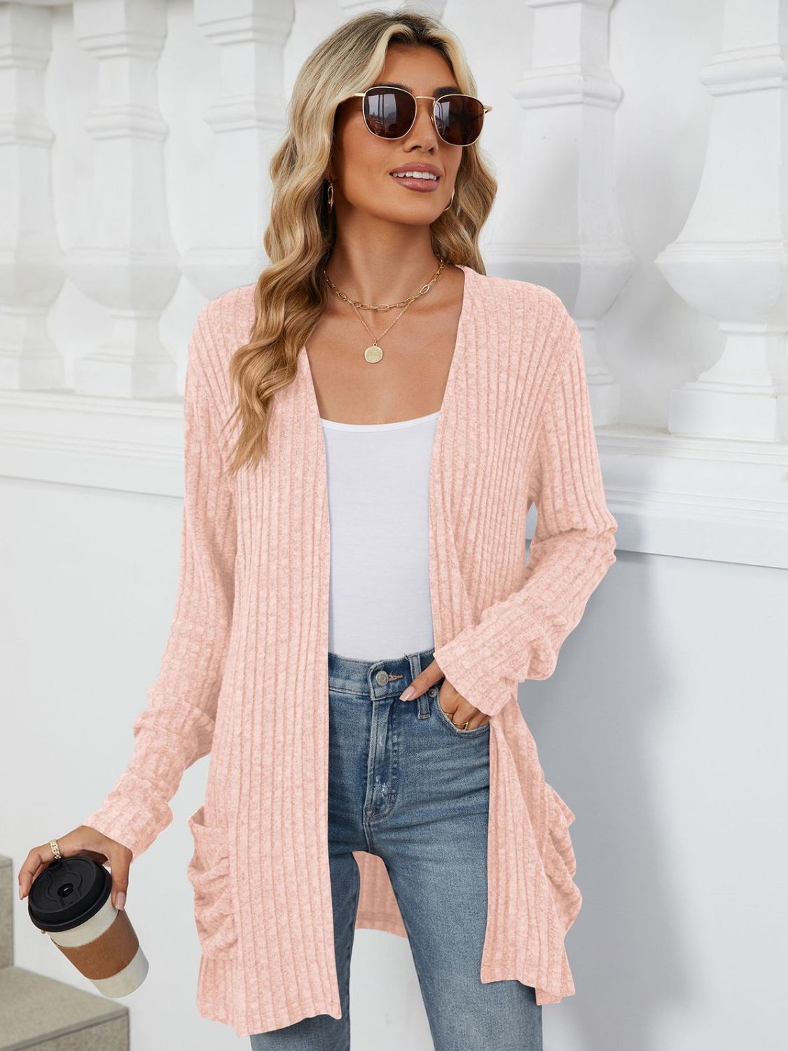 Pocketed Open Front Cardigan