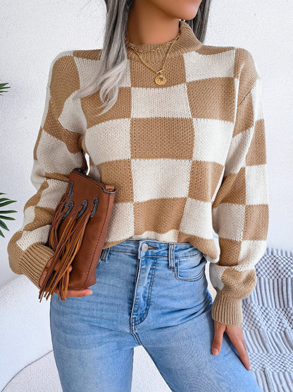 Checkered Mock Neck Sweater