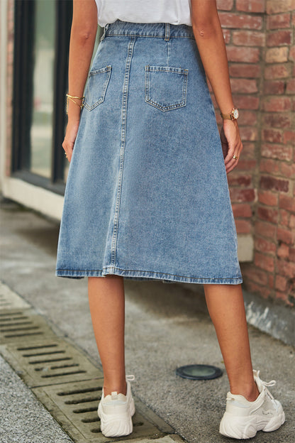 Button A-Line Denim Skirt