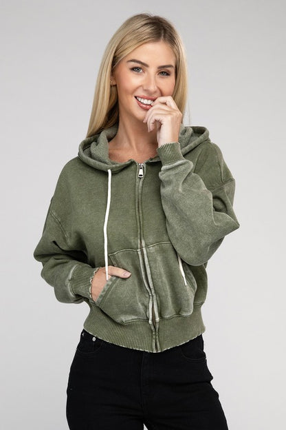 Zenana Acid Wash Cropped Zip-Up Hoodie