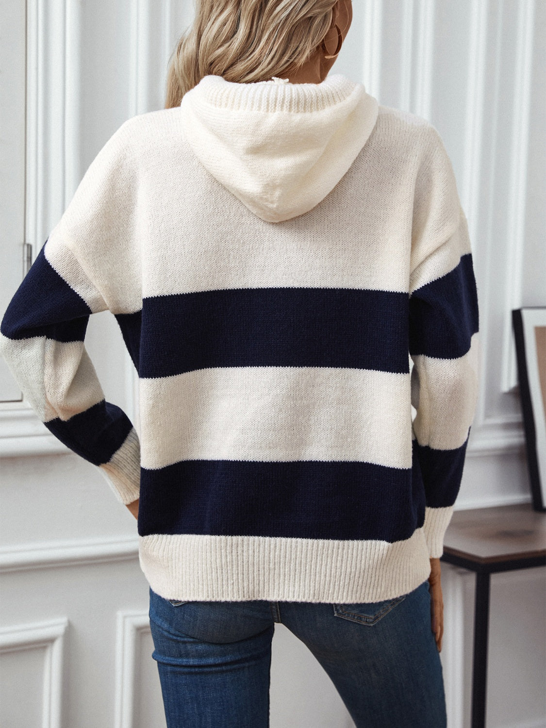 Drawstring Contrast Stripe Hooded Sweater