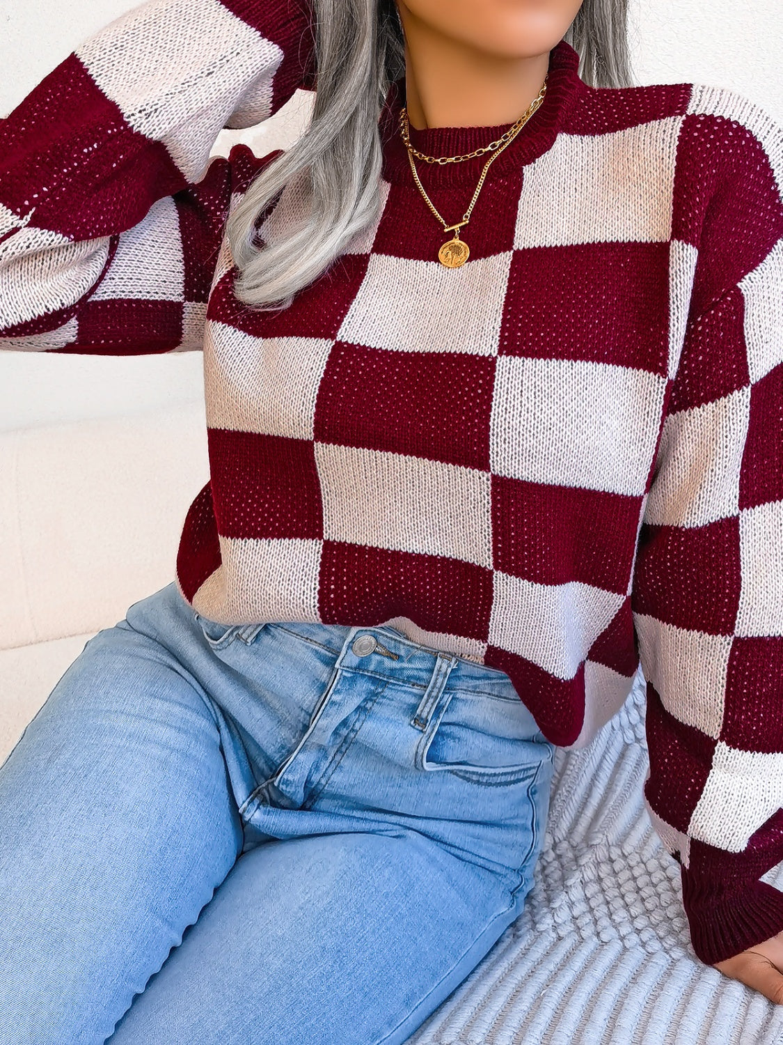 Checkered Mock Neck Sweater