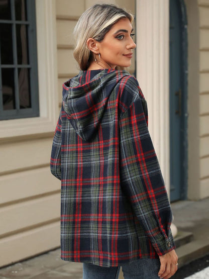 Drawstring Plaid Hooded Top