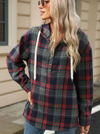 Drawstring Plaid Hooded Top