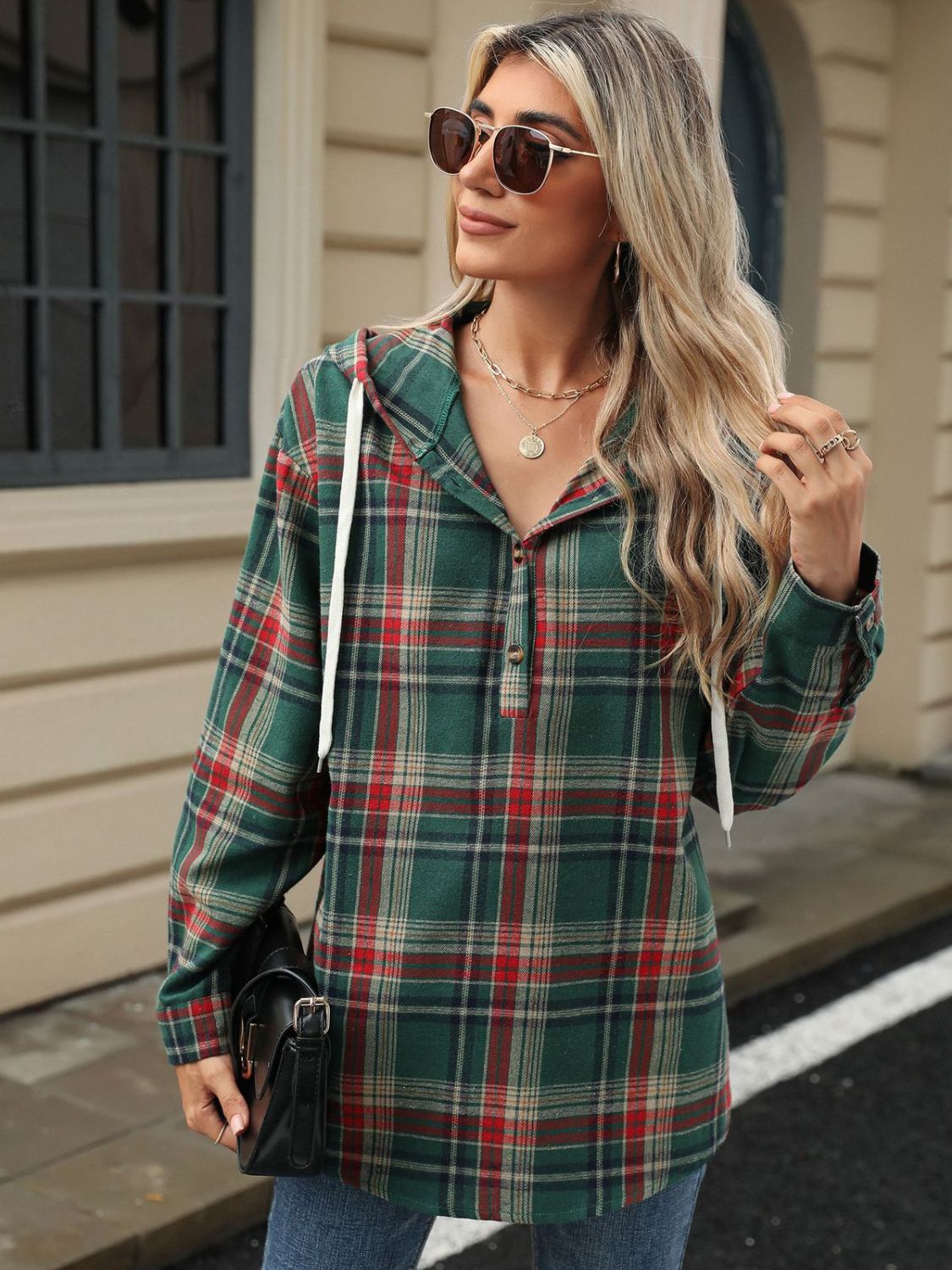 Drawstring Plaid Hooded Top