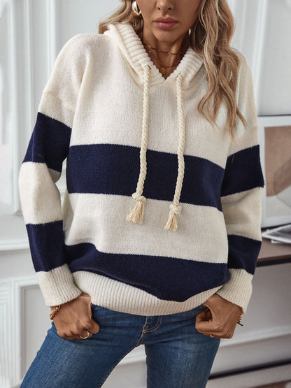 Drawstring Contrast Stripe Hooded Sweater