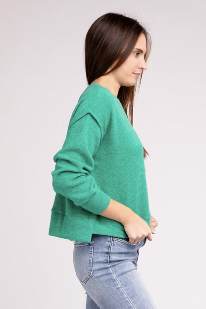 Zenana Brushed Melange Hacci Hi-Low Hem Sweater