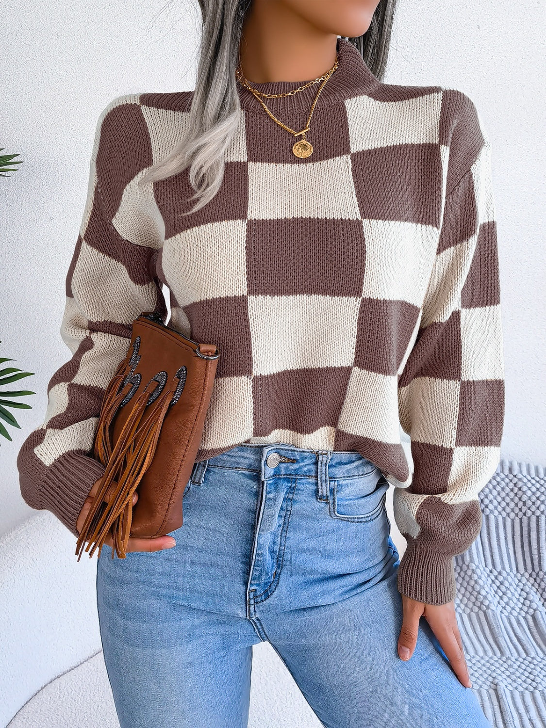 Checkered Mock Neck Sweater