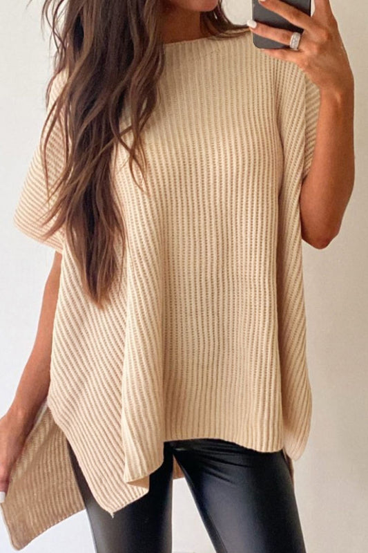 Waffle-Knit Slit Sweater