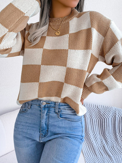 Checkered Mock Neck Sweater