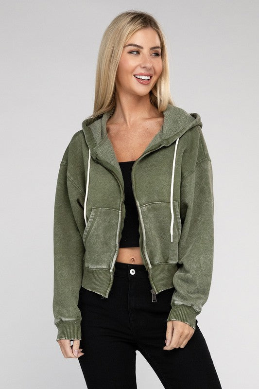 Zenana Acid Wash Cropped Zip-Up Hoodie