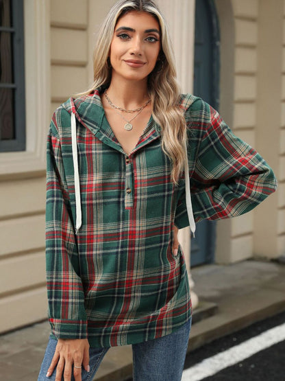 Drawstring Plaid Hooded Top