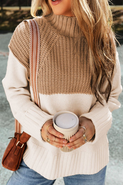 Slit Color Block Turtleneck Sweater