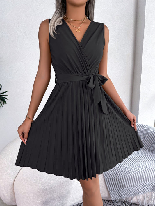 Tied Sleeveless Pleated Dress