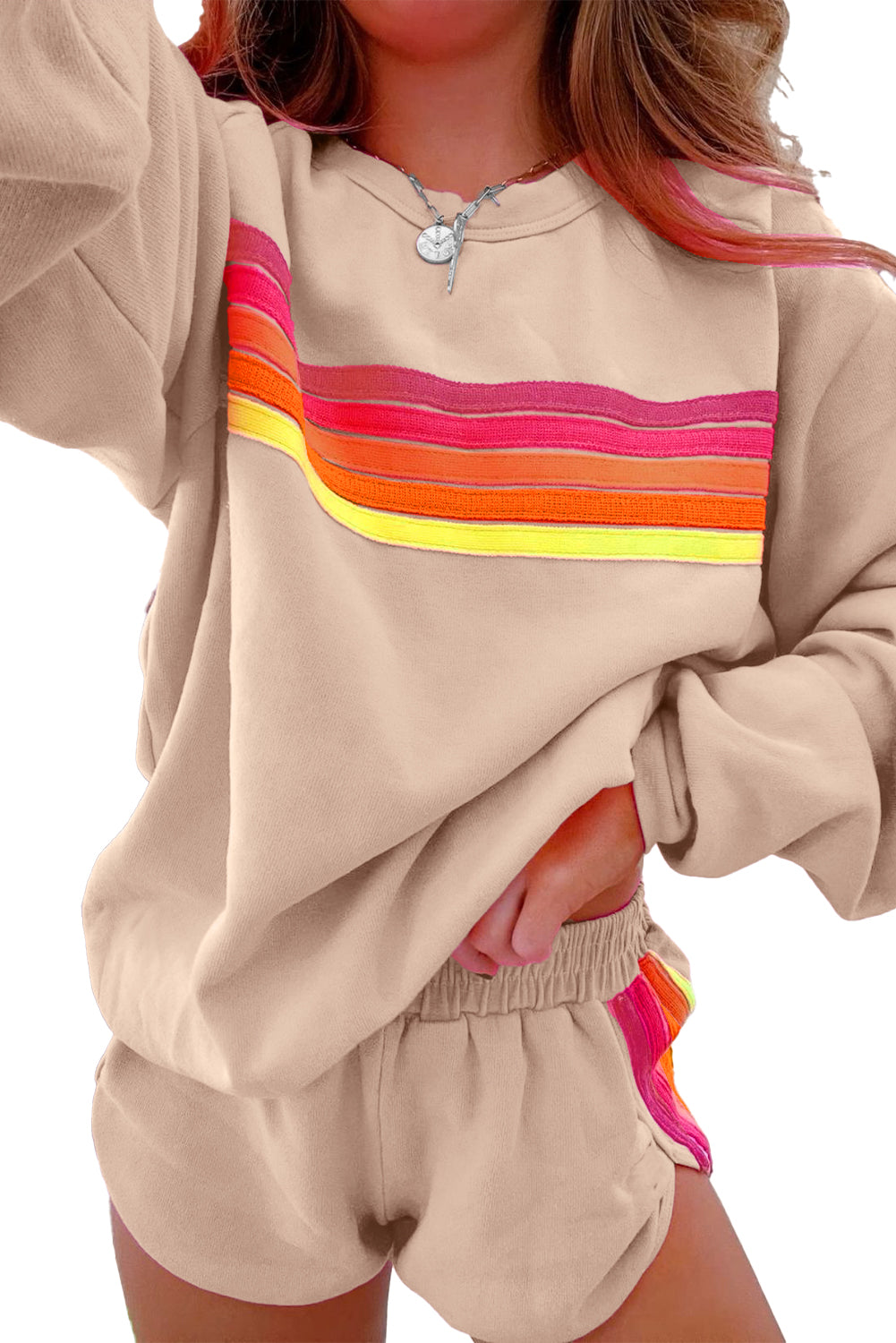 Apricot Colorful Striped Pullover and Shorts Set