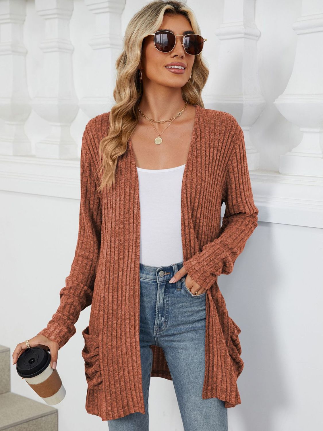 Pocketed Open Front Cardigan