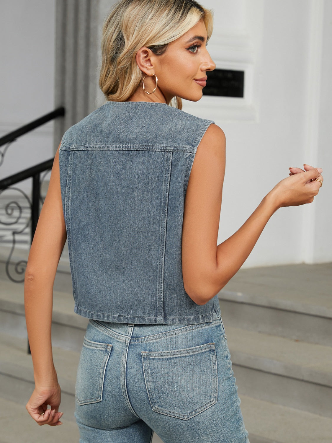 V-Neck Button Denim Vest