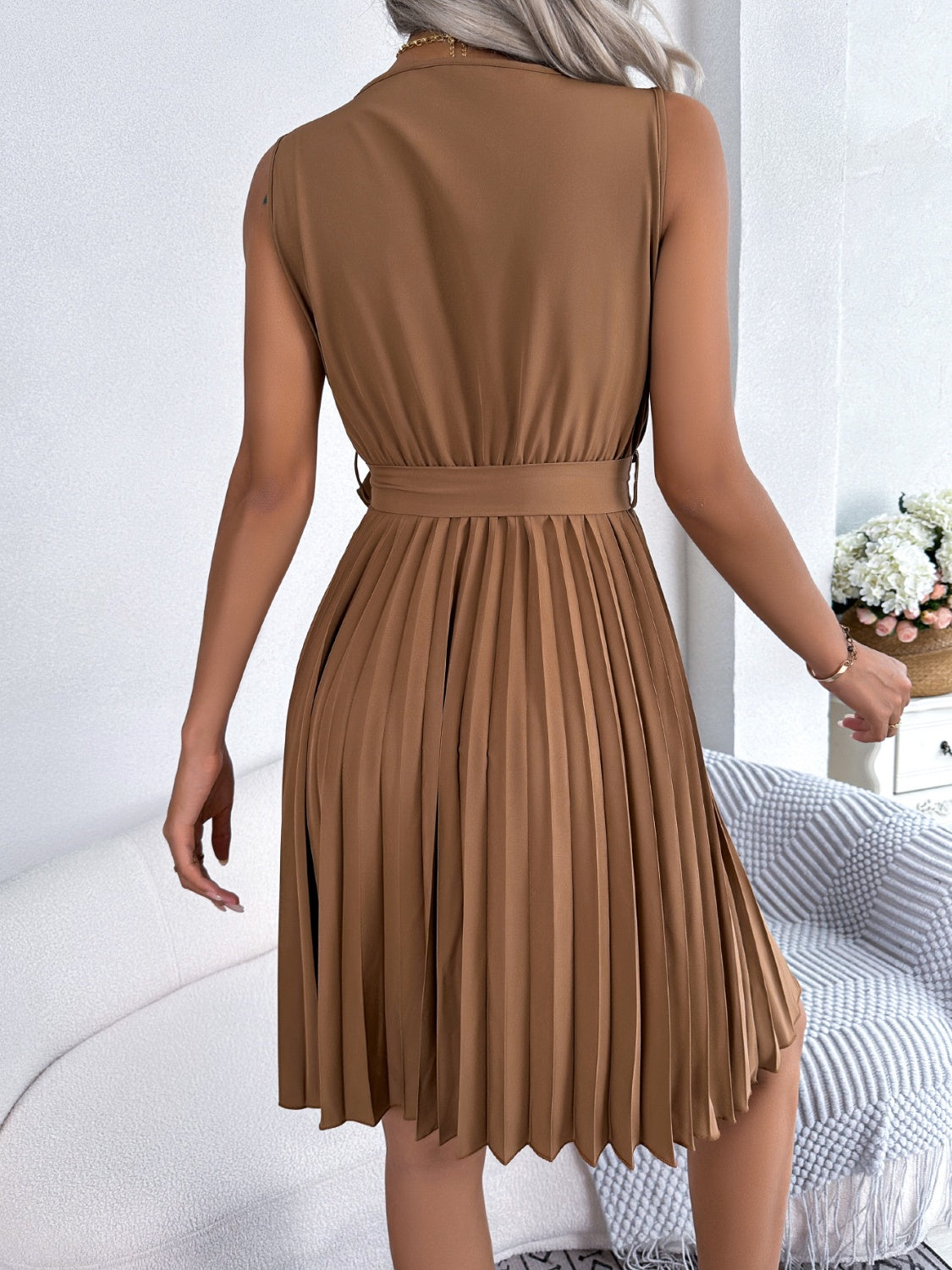 Tied Sleeveless Pleated Dress