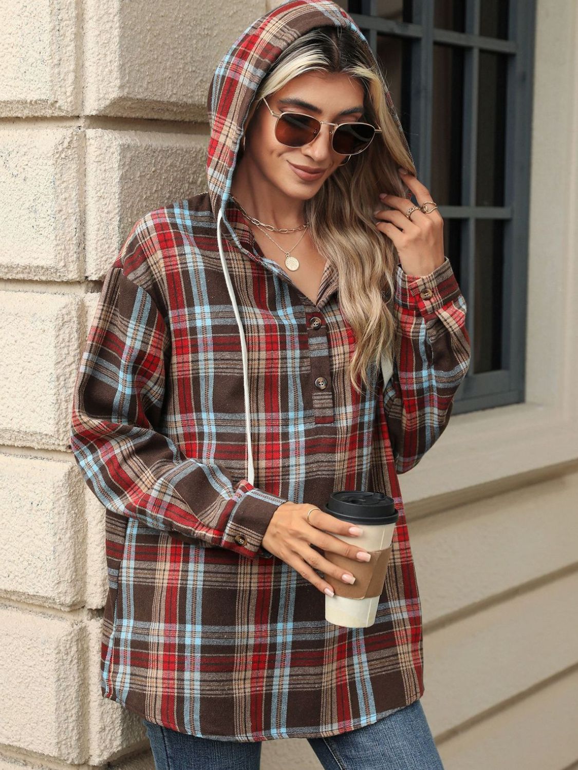 Drawstring Plaid Hooded Top