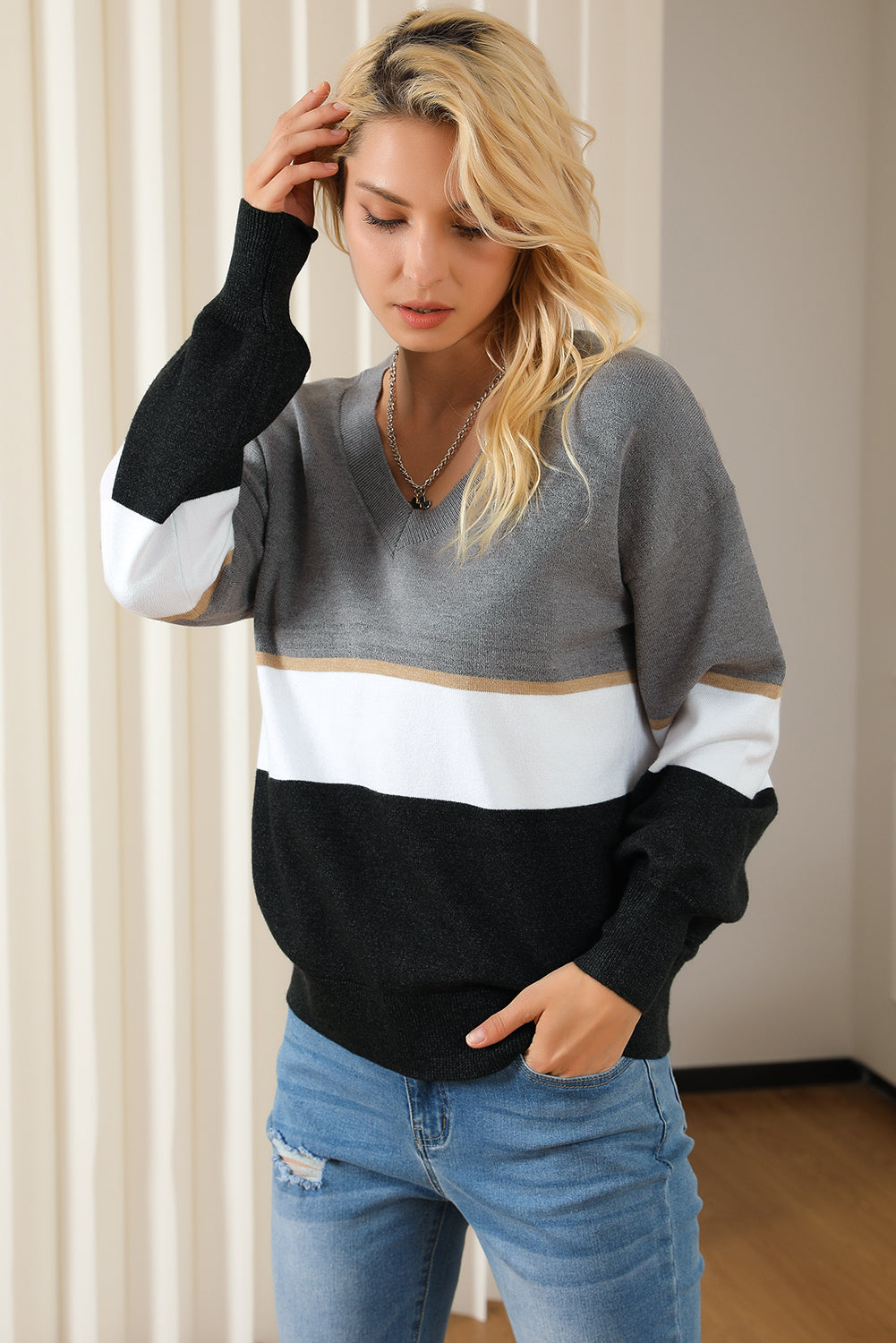 Color Block V Neck Sweater