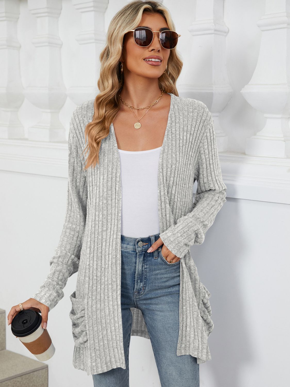 Pocketed Open Front Cardigan