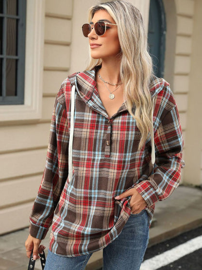 Drawstring Plaid Hooded Top