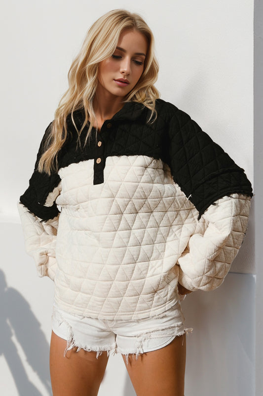 Double Take Button Contrast Quilted Sweatshirt