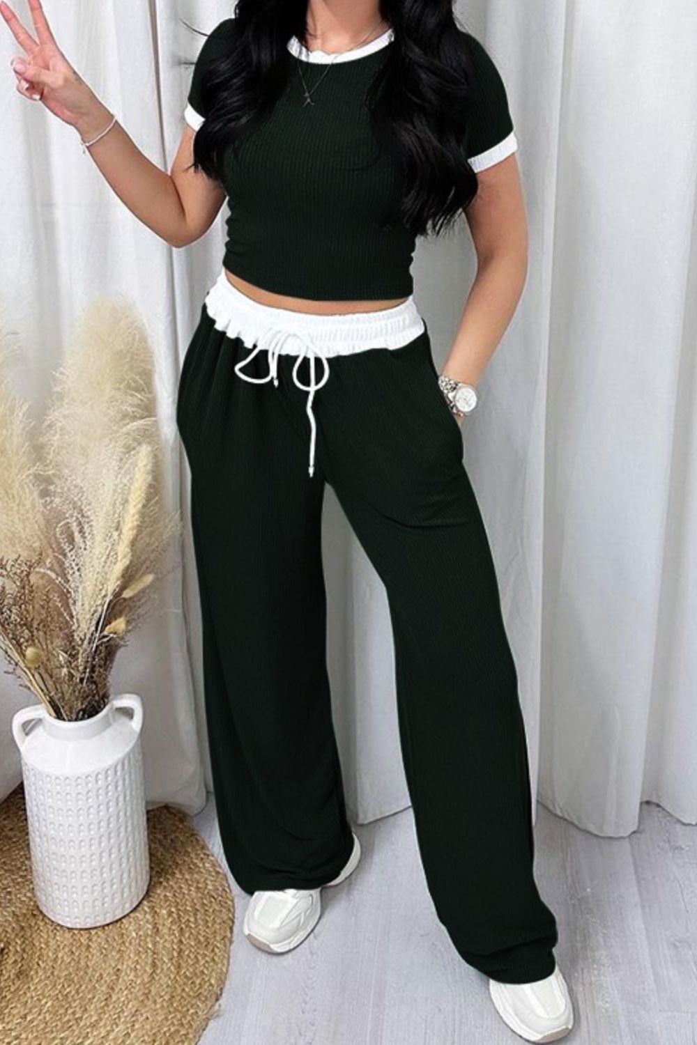 Contrast Trim Top and Pants Set