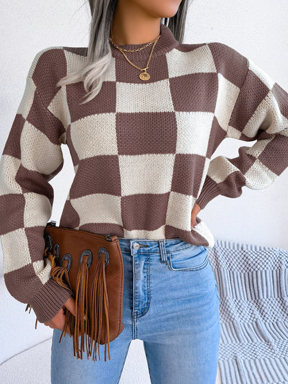 Checkered Mock Neck Sweater