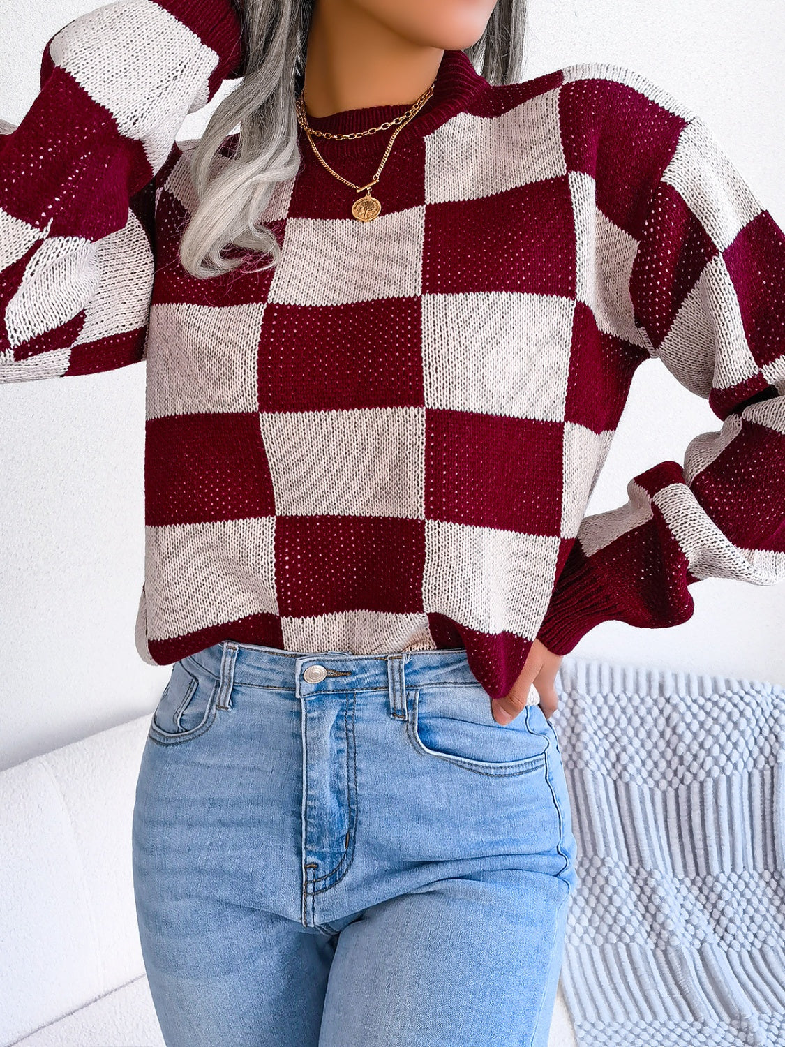 Checkered Mock Neck Sweater