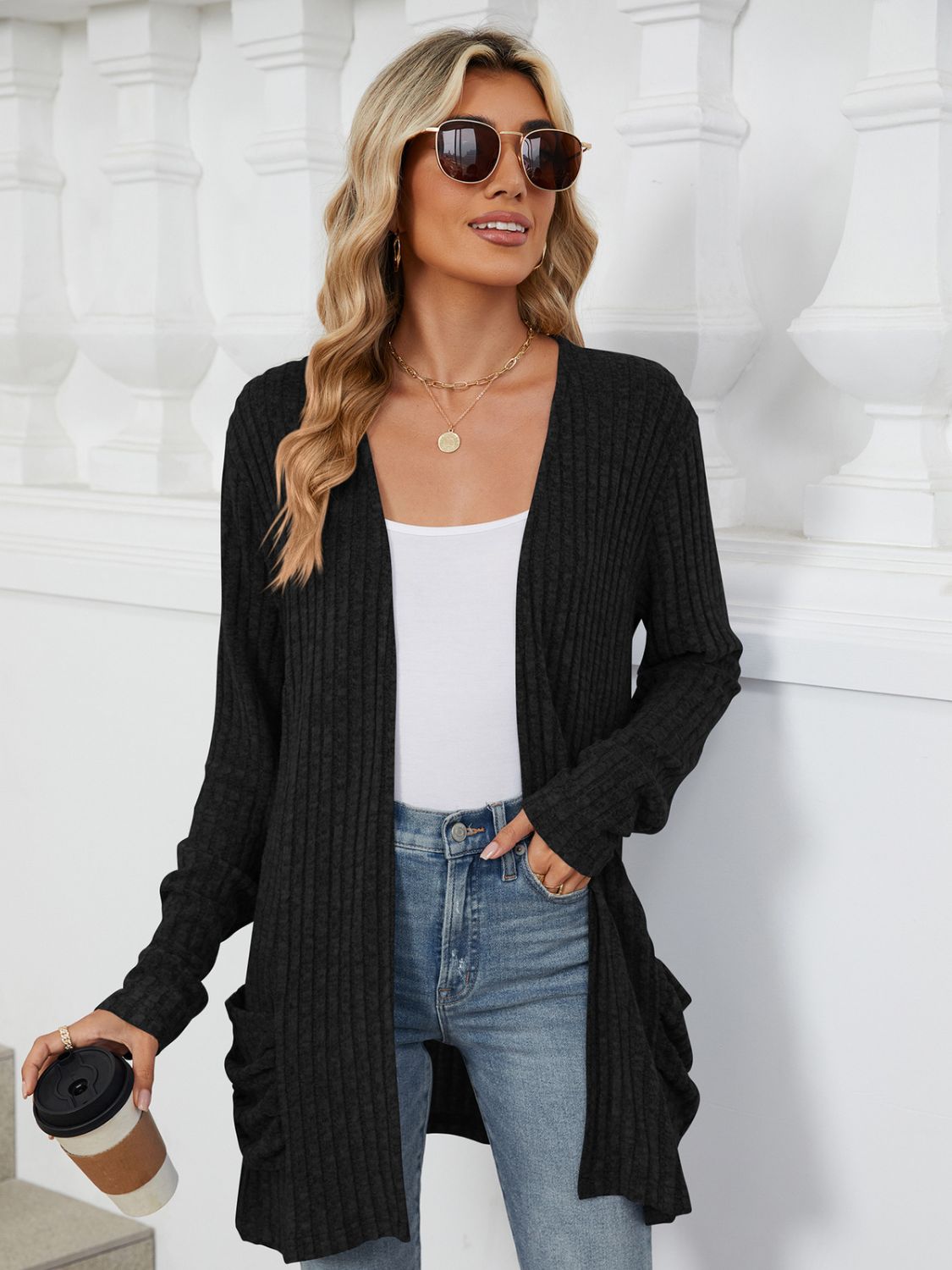 Pocketed Open Front Cardigan