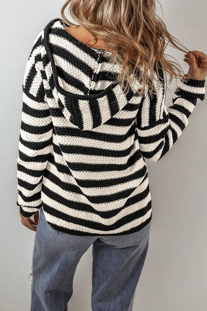 Drawstring Striped Hooded Sweater