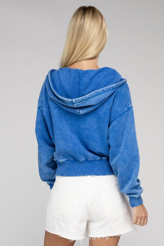 Zenana Acid Wash Cropped Zip-Up Hoodie