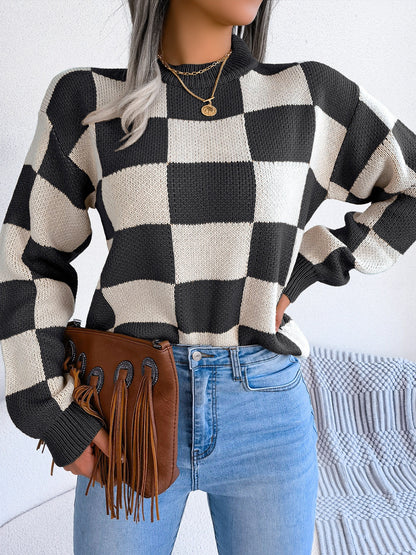 Checkered Mock Neck Sweater