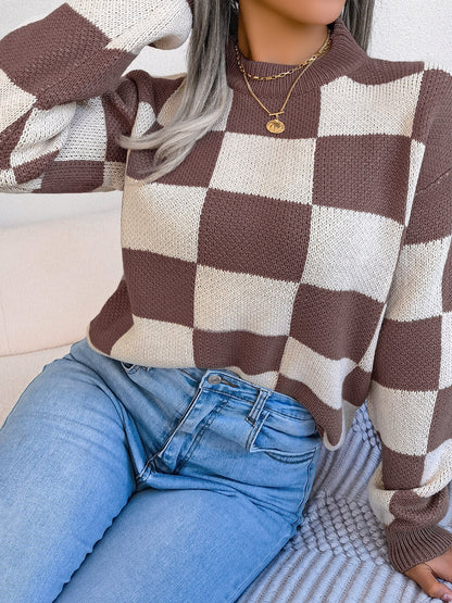 Checkered Mock Neck Sweater